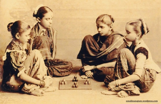Young girls playing chaupat, precursor to Ludo (Hemlata Jain: Raja Deen Dayal)