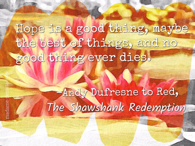 Hope is a good thing, maybe the best of things, and no good thing ever dies. Inspiring story of hope. Quote form the Shawshank Redemption by Andy Dufresne to Red.