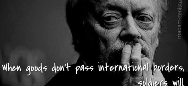 When goods don't pass international borders, soldiers will. Quote by Phil Knight, creator of Nike Shoes and Apparel, Memoir Shoe Dog