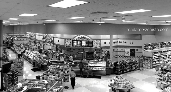 Inside grocery store, black and white, B&W, monochrome,